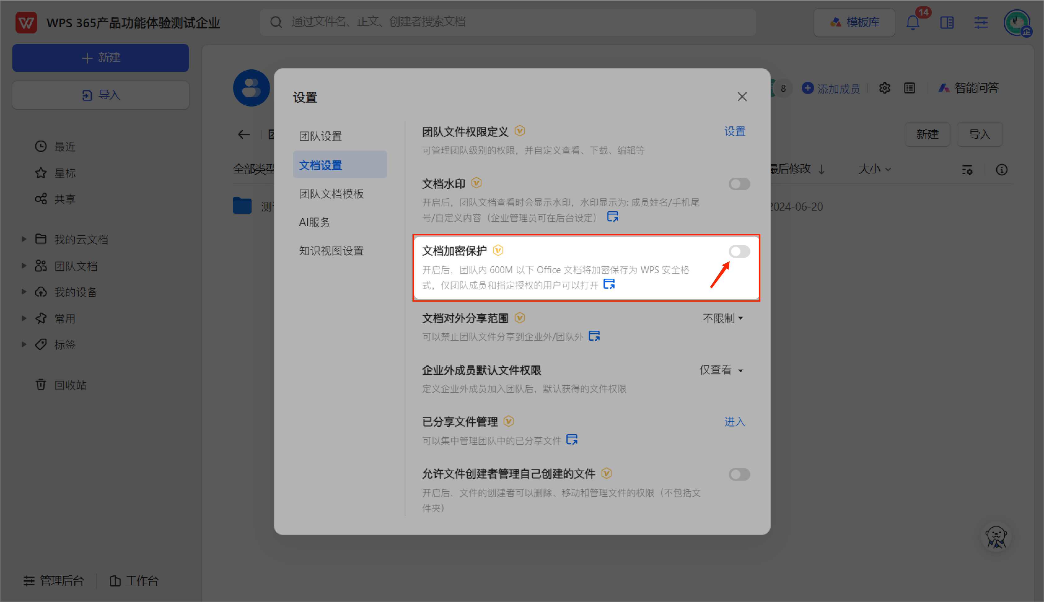 WPS365团队文档设置页面,文档加密保护开关界面